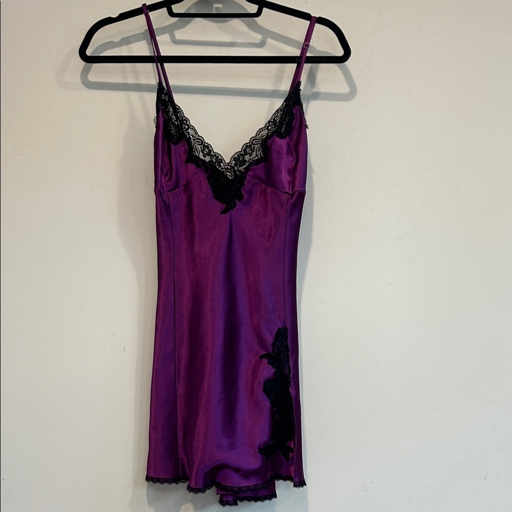 Frederick's of Hollywood Purple Satin Chemise with Black Lace